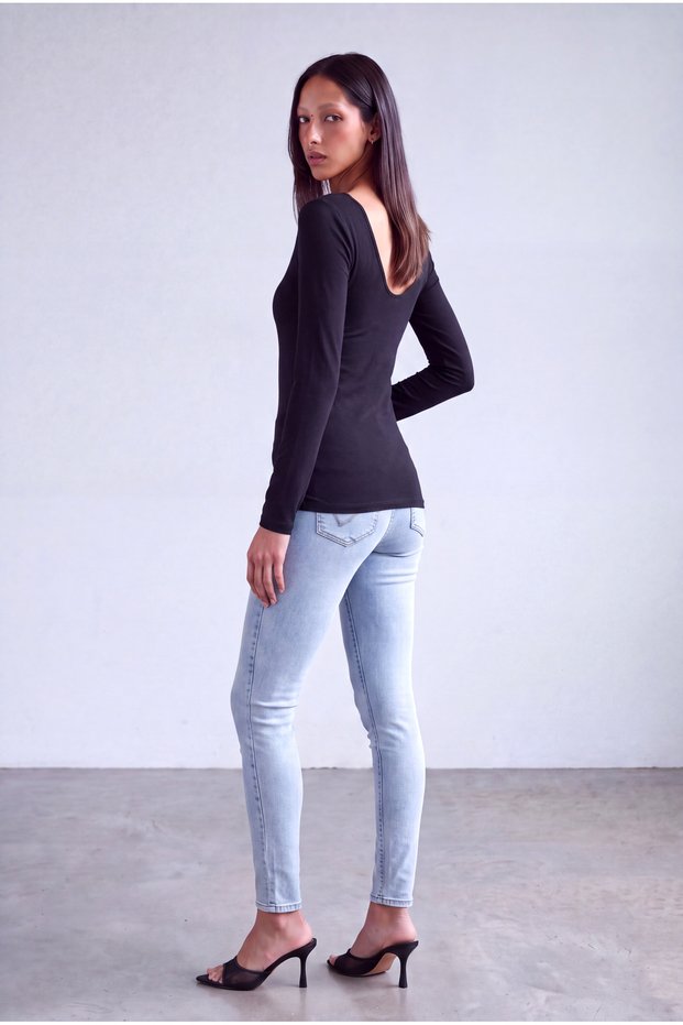 Women's Black Viscose Crew Neck Long Sleeve Transparent Tulle Blouse Michelle Mech