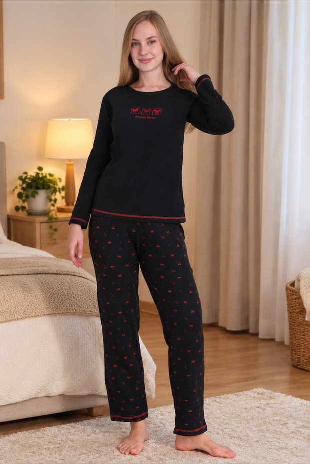 Mirano 3109 Waffle Soft Fabric Bow Patterned Winter Home Women's Pajama Set