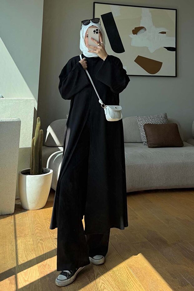 Double Suit with Ribbed Front Slit Detail in Black
