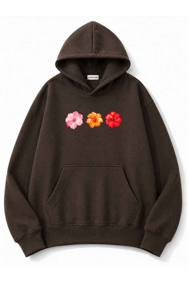 Floral Printed Hooded 2 Thread Threaded Sweatshirt