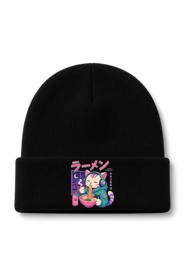 Midnight Ramen Cat Japanese Anime Graphic Beanie
