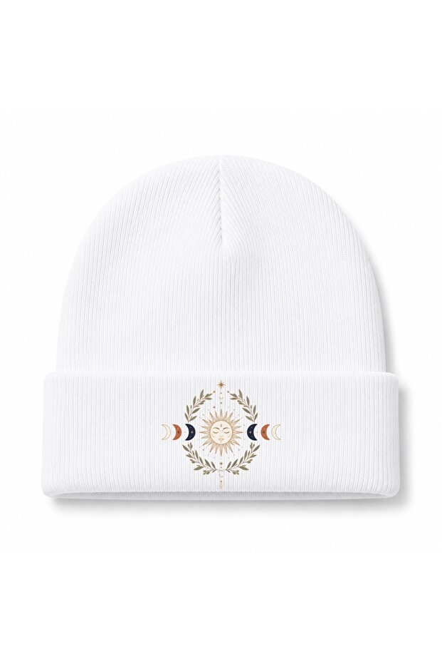 Celestial Sun & Moon Sun Moon Phases and Olive Branch Printed Beanie
