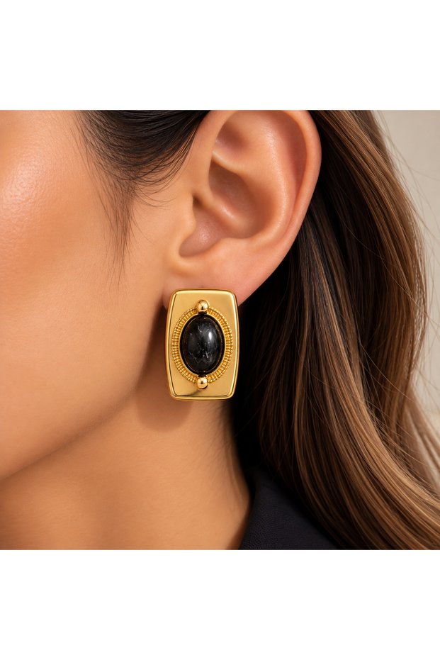 Women's Gold Color Oval Stone Rectangular Earrings – Vintage Model Show-Off Earrings – Blue and Black Color Options Available