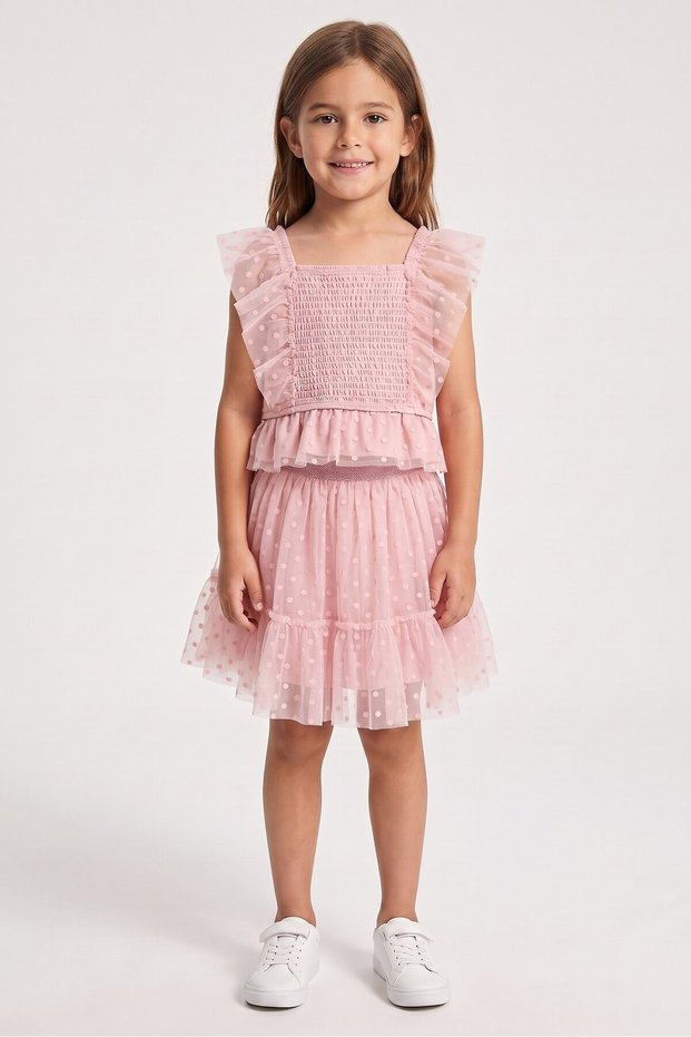 Kids Girl Mesh Top, Skirt And Bag Set, Dusty Pink