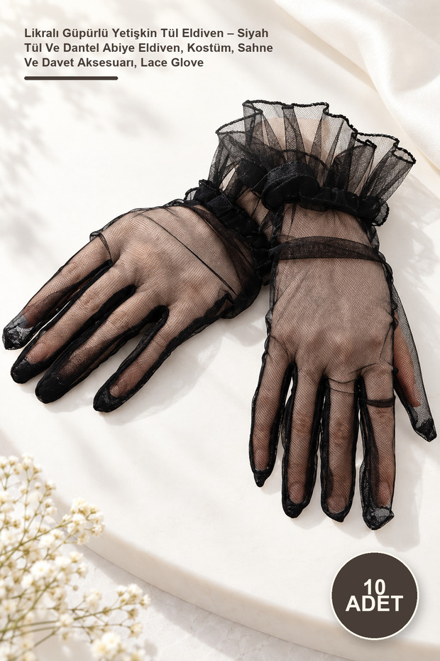 10 Pieces of Lycra Laced Adult Tulle Gloves – Black Tulle and Lace Evening Dress Gloves, Costume, Stage and Event Accessory, Lace Glove
