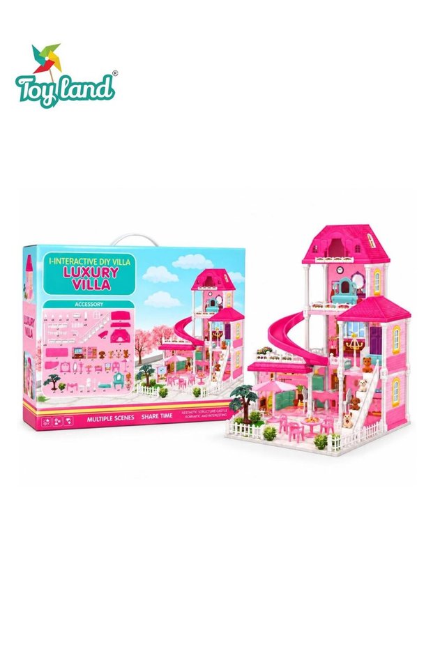 Kids Luxury Villa Dollhouse Playset with Dolls, Furniture & Accessories, Multi-Level DIY Dream House Building Set with Slide, Stairs, Balcony, Princess Mansion Pretend Play Toy for Girls & Kids