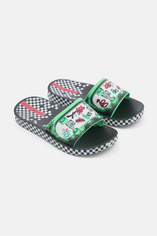 Kids Boy Printed Slide Slipper, Black Combo