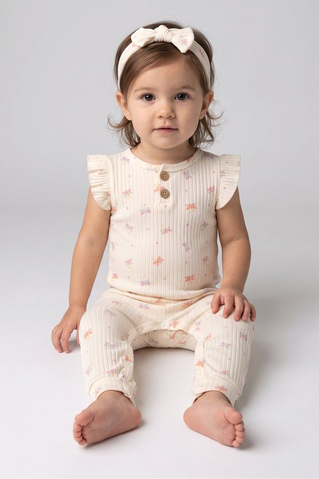 Toddlers Girl 2pcs Graphic Print Romper And Headband Set, Cream