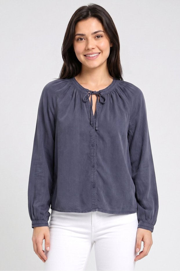 Women Tie Neck Long Sleeve Solid Blouse, Slate Blue