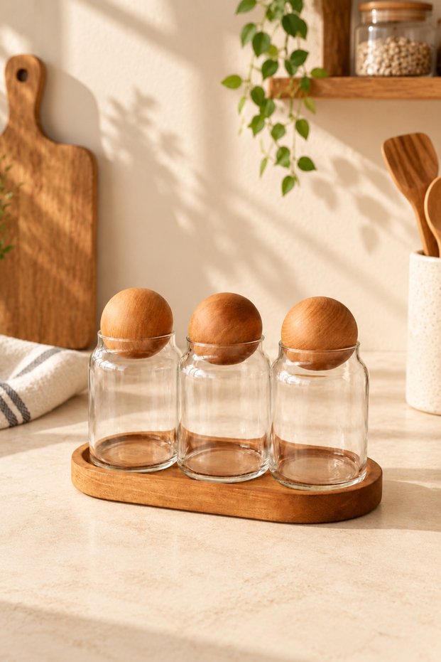 Set of 3 Glass Jars with Wooden Stands – 300 ml with Ball Lids