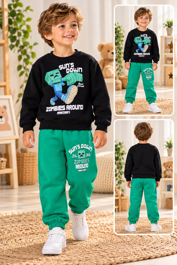 3-Thread Thick, Black Color, Cartoon Character Children's Tracksuit Set