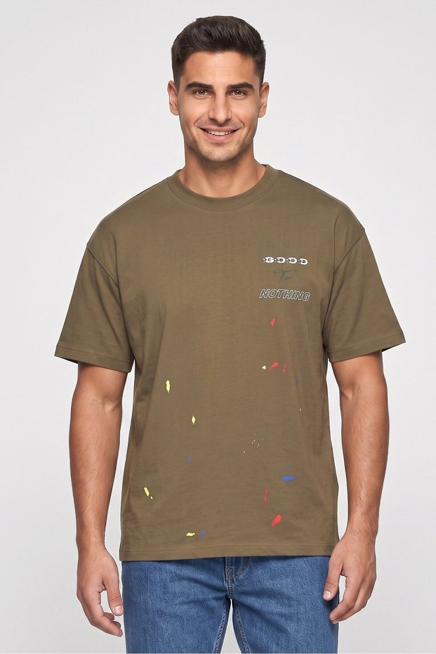 Men Crew Neck Short Sleeve Graphic Print T-Shirt, Olive