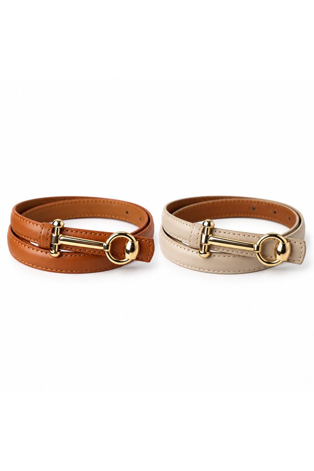 2 Pieces Genuine Leather Women's Belts with Key Buckle