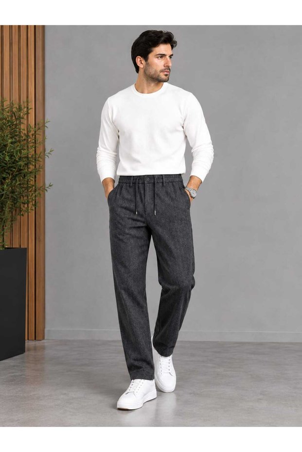 Men's Wool Striped Jogger Pants with Elastic Waist