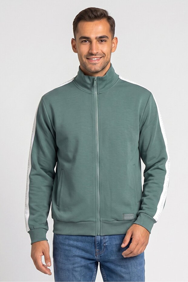 Men High Neck Brand Logo Full Zip Long Sleeve Sweatshirt, Dark Sage Green