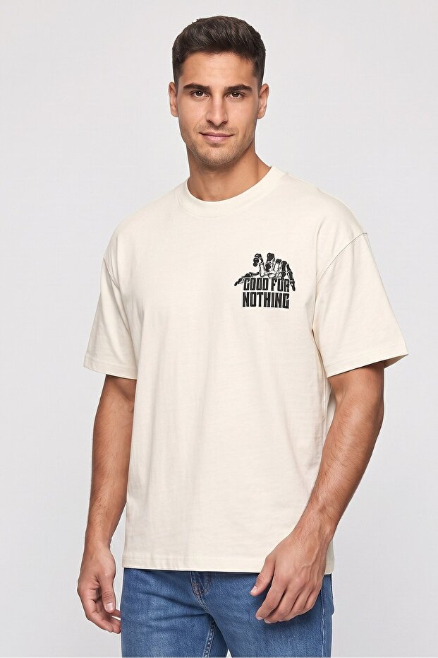 Men Crew Neck Short Sleeve Graphic Print T-Shirt, Off White