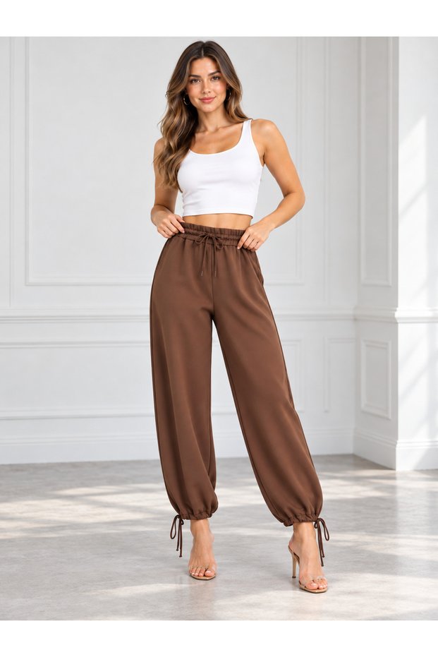 Women's High Waist Loose Fit Jogger Sweatpants with Tie Waist and Cuffed Cuffs and Pockets