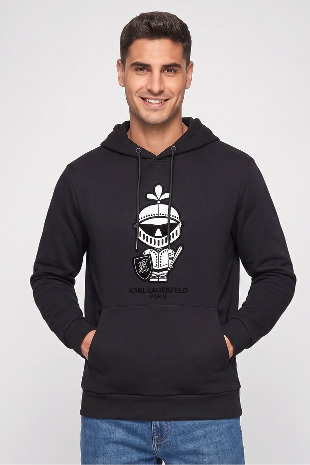 Men Brand Logo Long Sleeve Hoodie, Black