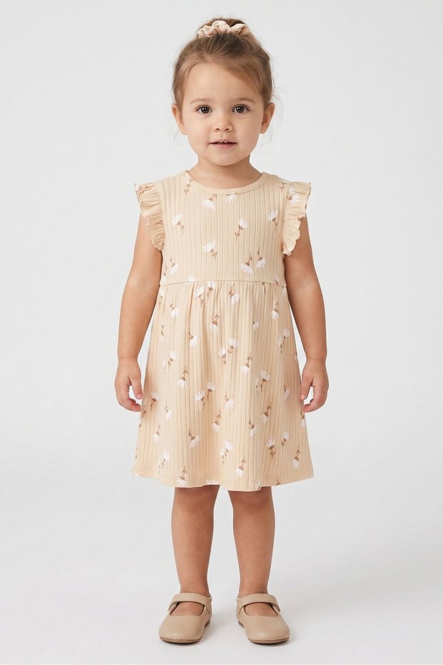 Toddlers Girl 2 Pcs Floral Print Dress With Scrunchie, Beige