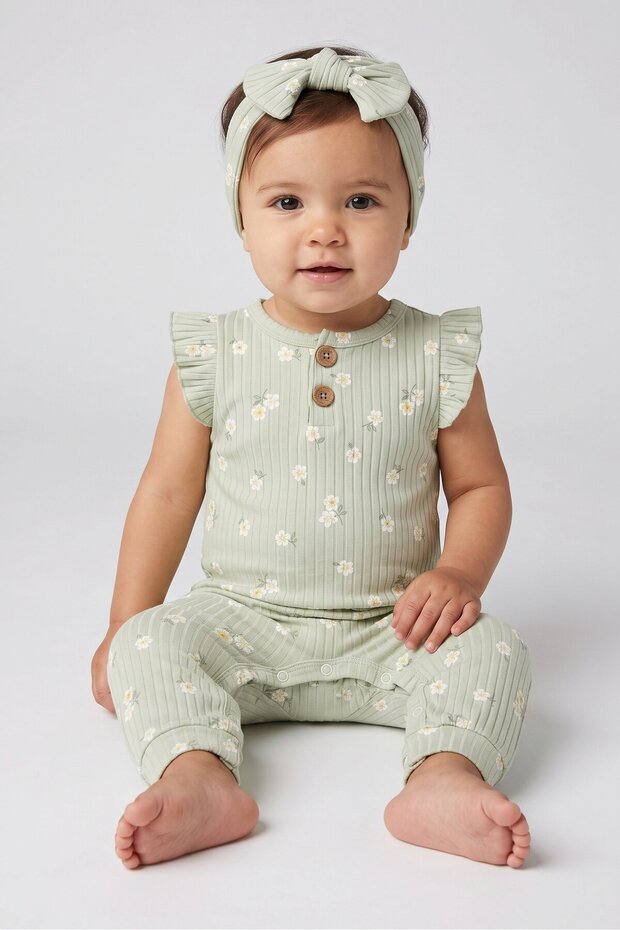 Toddlers Girl 2 Pcs Allover Print Romper With Headband, Green