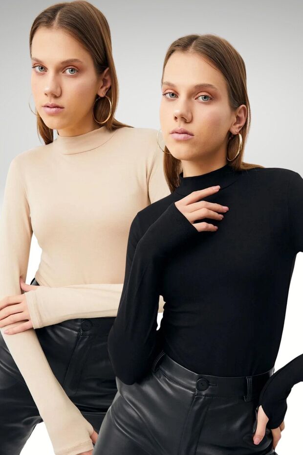 Bipantolon Women's 2-Piece Cut Out Detailed Half Turtleneck Bodysuit