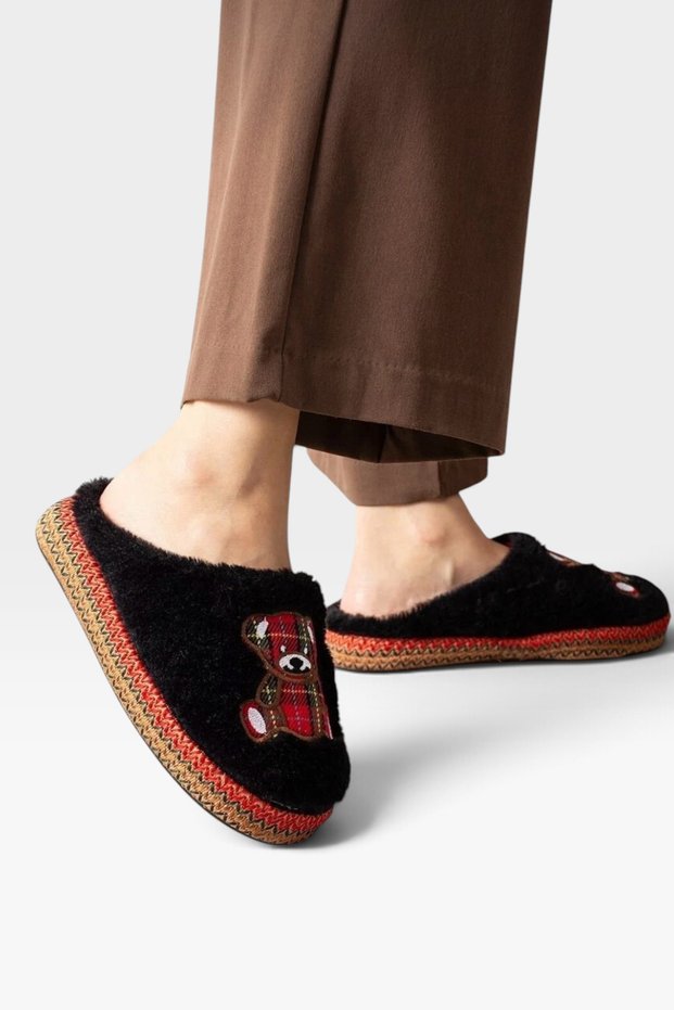 Women's Plaid Patterned Soft Plush House Slippers with Teddy Bear Figure Black