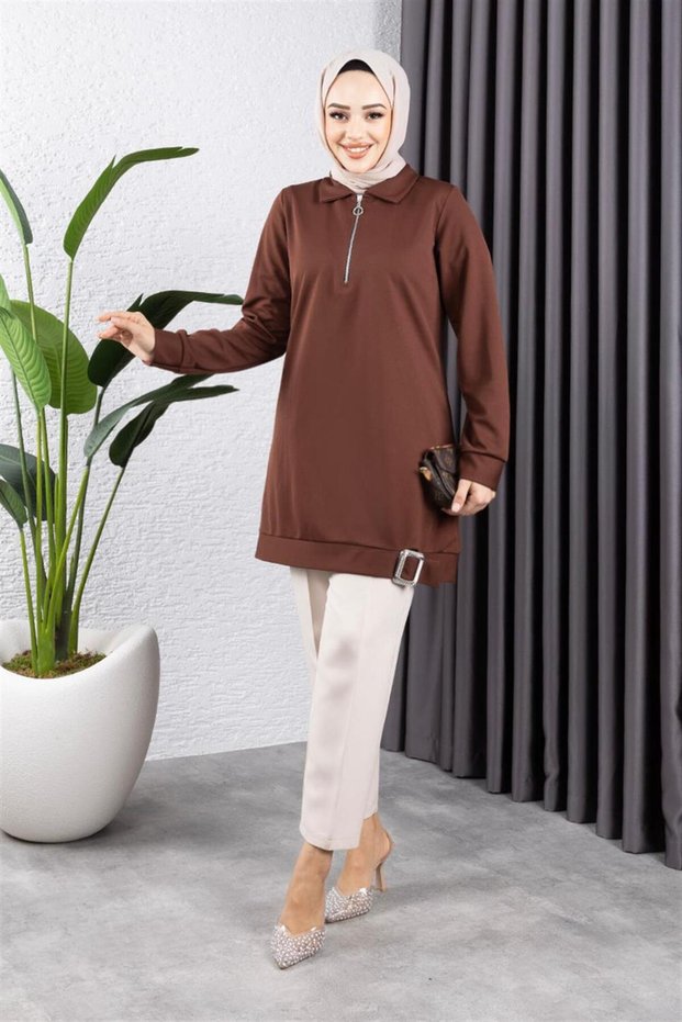 Half Zipper Sports Tunic Brown