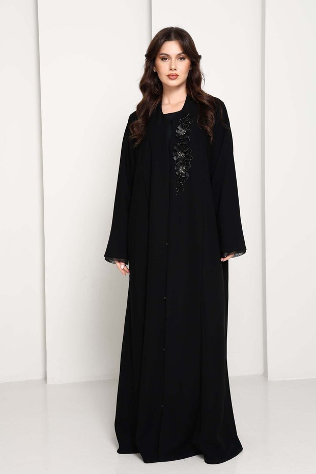 Black Open Abaya with Asymmetrical Floral Bead & Ribbon Embellishment