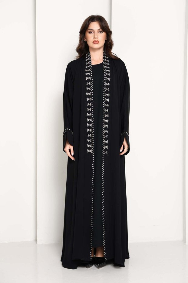 Jet Black Open Abaya with Contrast Thread Work Front Panels and Sleeves