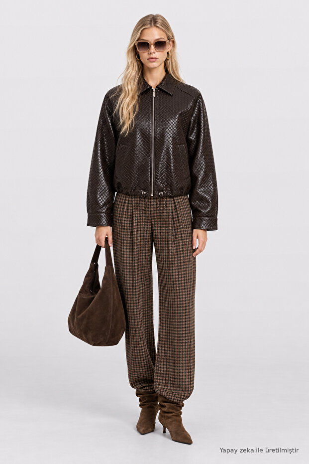 Honeycomb Patterned Faux Leather Jacket Laz0023 Brown