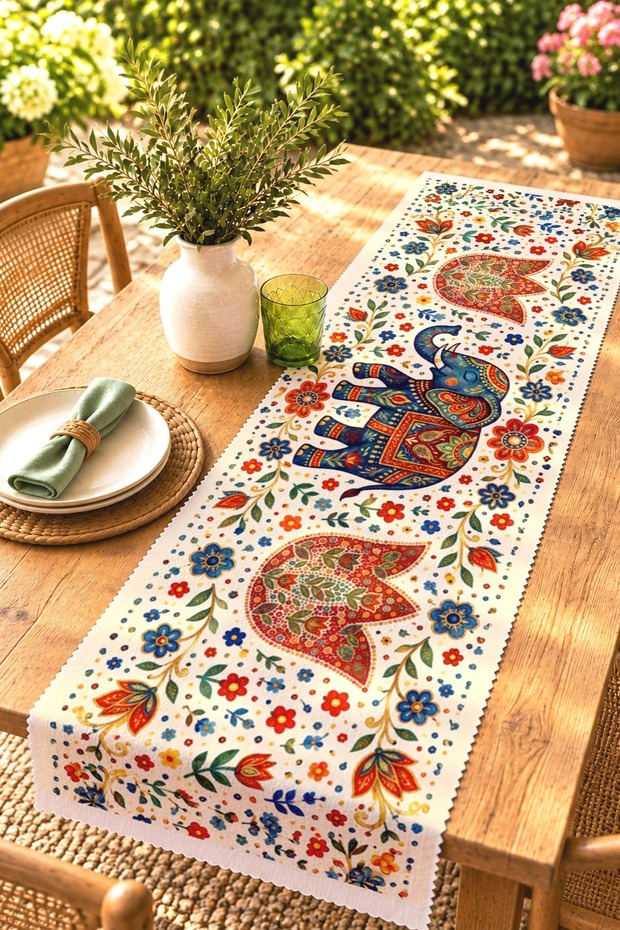 مفرش طاولة/مفرش سفرة/مفرش أمريكي بنمط الفيل والزهور