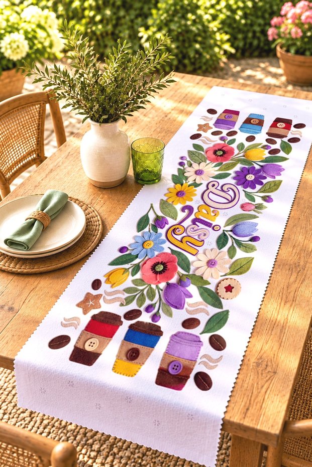 Coffee Flower and Cat Patterned Runner / Tablecloth / Placemat