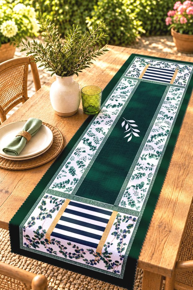 Green Striped Branches Patterned Runner / Tablecloth / Placemat