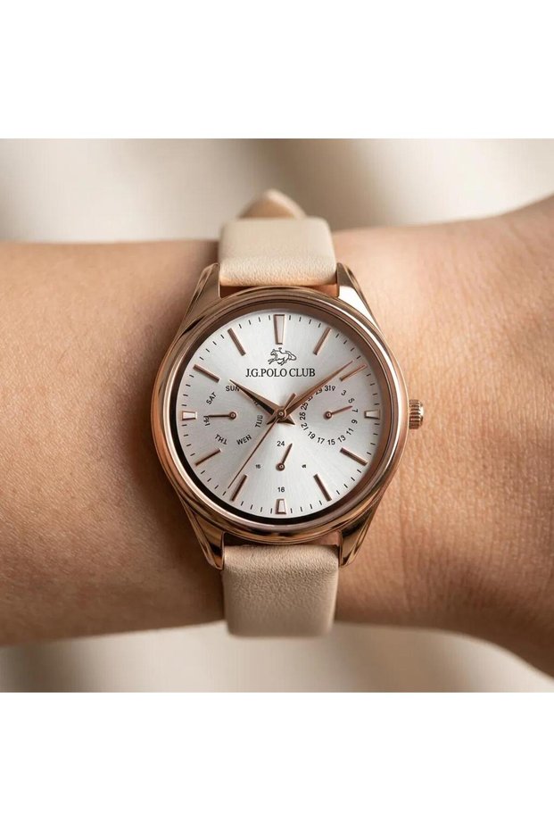 Pink Leather Cord Steel Case Functional Women's Wristwatch