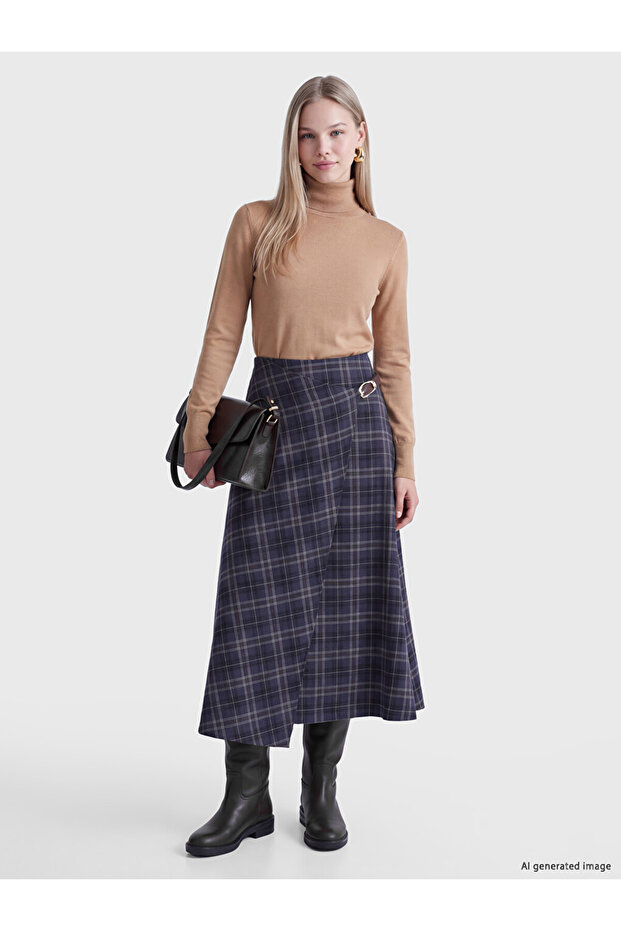 Esvab • Modern & Distinctive Checkered Embroidered Asymmetrical Skirt with Buckle Detail