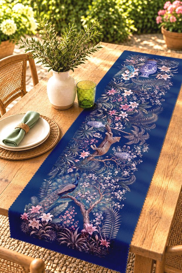 Navy Blue Leopard and Peacock Patterned Runner / Tablecloth / Placemat