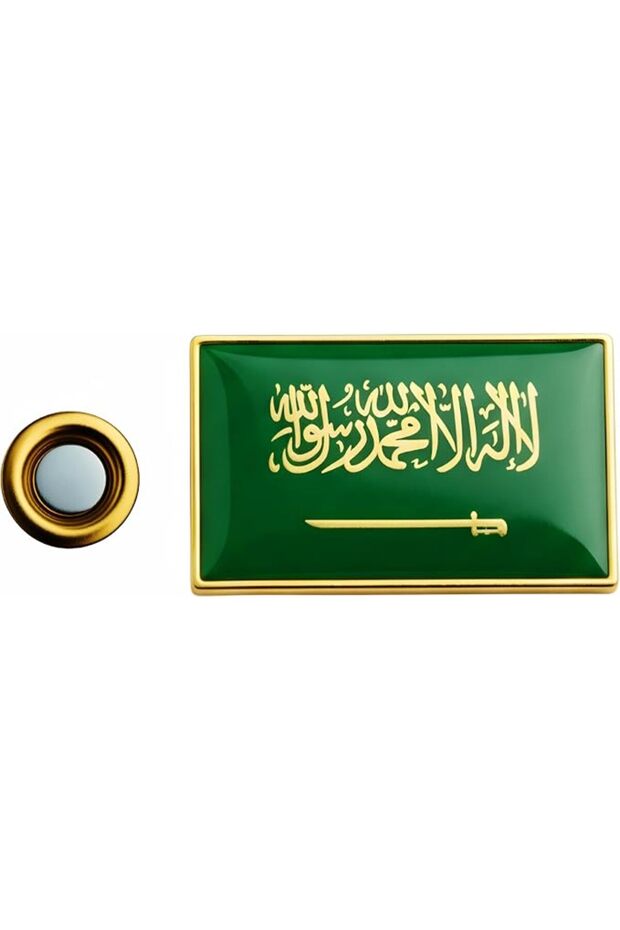دبوس زينة للصدر سعودي - حواف مطلية بالذهب الفاخر، تصميم مستطيل مع الشهادة والسيف -