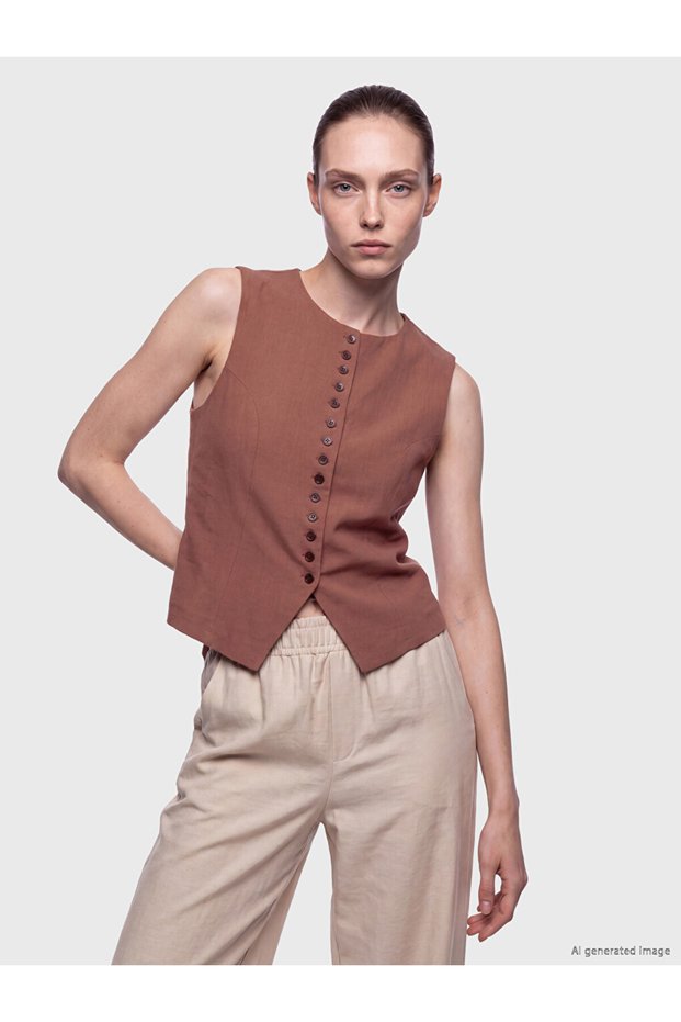 Vizyon New Season Brown Crew Neck Women's Classic Vest
