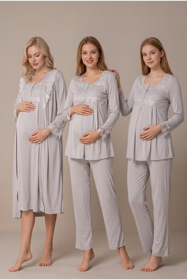 Women's Gray Lace Long Sleeve Nursing Detailed Maternity Pajama Nightgown Set with Dressing Gown