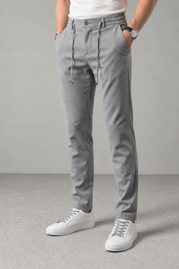 Men's Navy Blue Patterned Relaxed Fit Elastic Waist Lace-Up Jogger Fabric Trousers