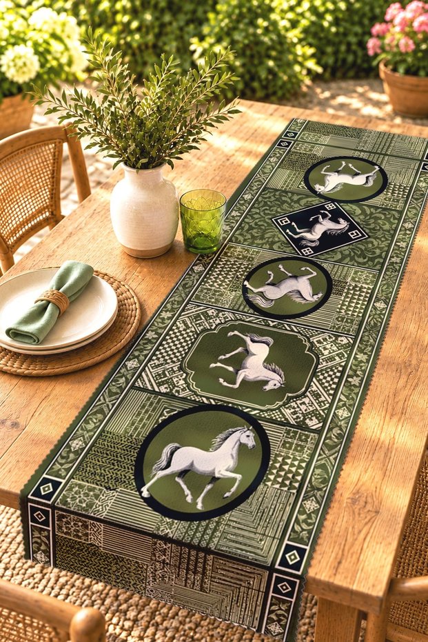 Green Ground Horses Patterned Runner / Tablecloth / Placemat