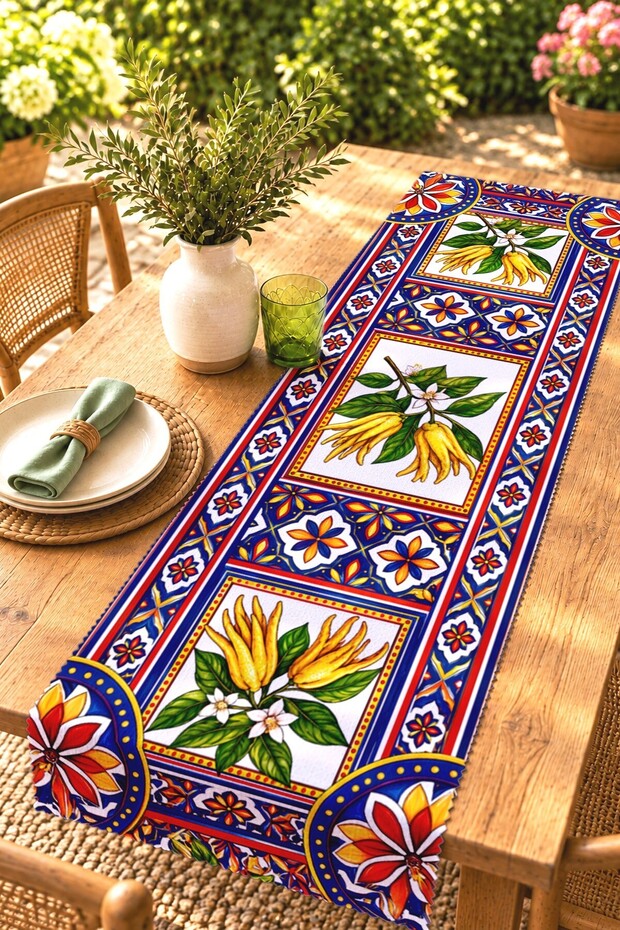 Ethnic Lemon Flowers Patterned Runner/Tablecloth/Placemat