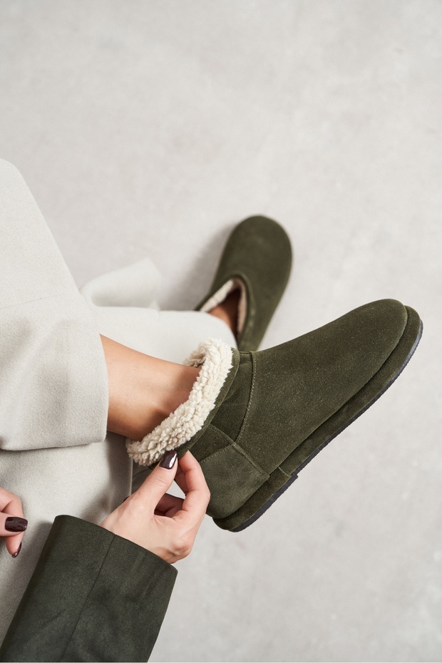 Nemesis Khaki Suede Genuine Leather Flat Sole Plush Lined Women's Ankle Boots