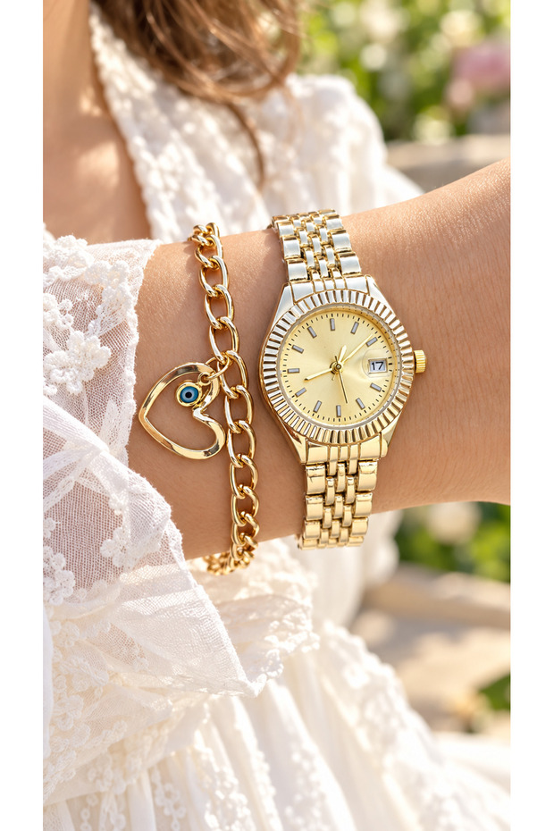 Stylish Box, Small Case, Yellow Color Cord, Women's Wristwatch+Bracelet with Calendar