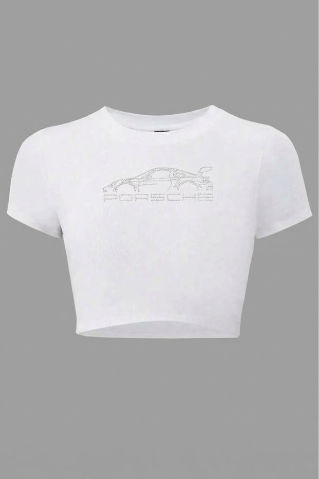 Women's Crystal Stone Printed Short Sleeve Crop T-Shirt