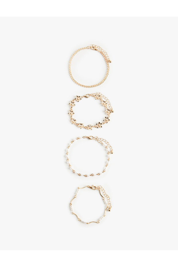 4-Piece Chain Bracelet Set with Pearls and Flowers
