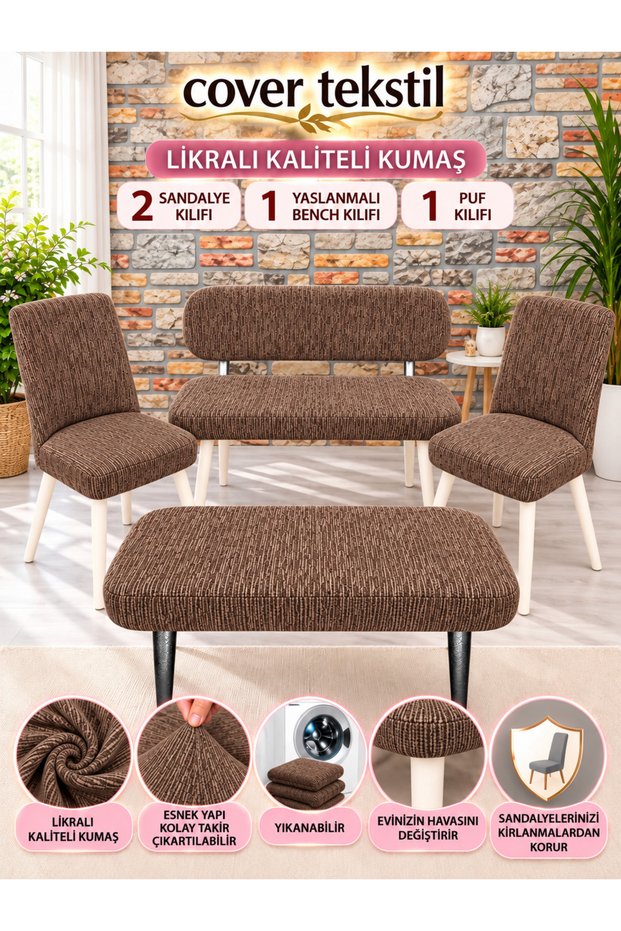 Puff bench set cover jacquard fabric 2 chairs 1 Bench 1 puff