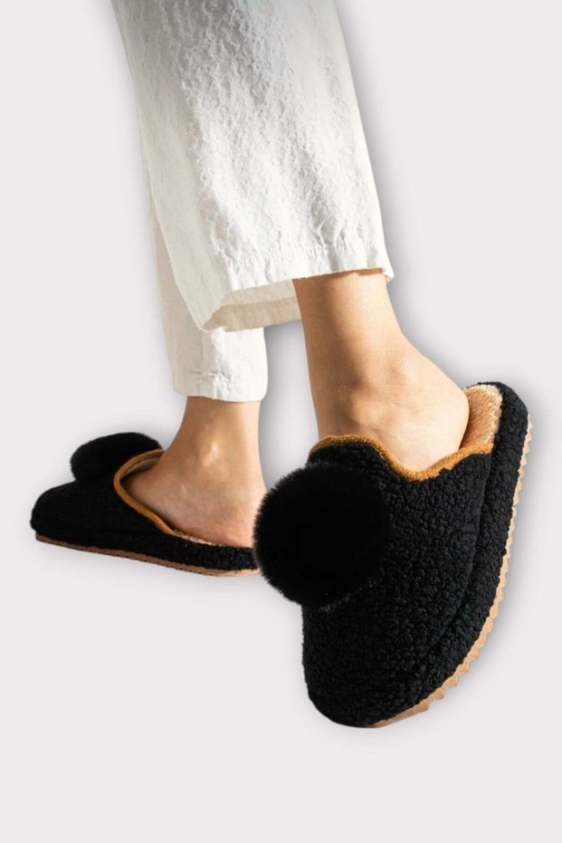 Women's Pompom Belted Non-Sound Thick Sole Winter House Slippers Black