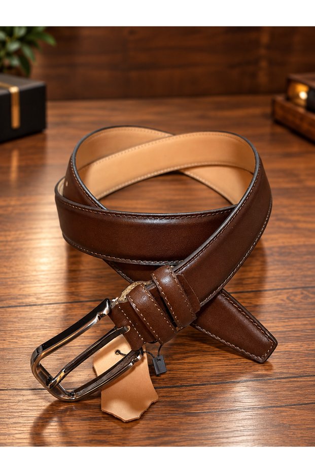 Premium Genuine Leather Men's Belt – Black Classic Model, Special Stitching Detail, Stylish Metal Buckle, Luxurious and Elegant Design