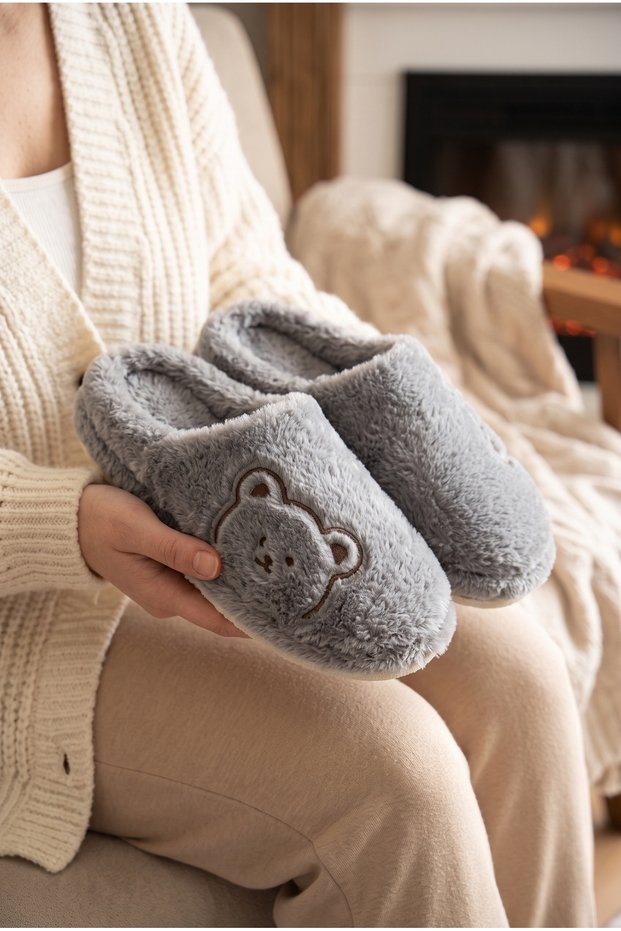 Women's Gray Plush Teddy Bear Figured House Slippers Silent Thick Sole